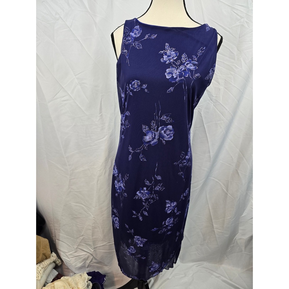 Byer Too Vintage 90s Navy Blue Glitter Floral Mesh Overlay Midi Dress‎ Large